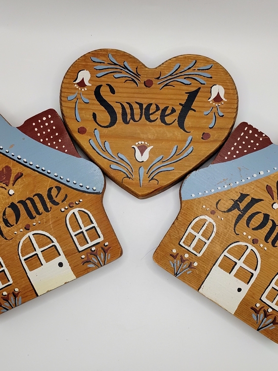 Other - Hand-Painted Wooden Heart & Home Wall Decor in Brown Blue Burgundy
